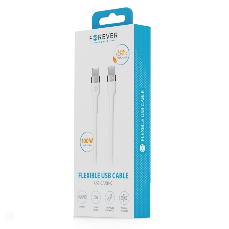 100w-flexible-cable-forever-1_202362201819_large Câble de Charge Rapide Flexible - USB-C vers USB-C - 2m 100W - Blanc - Forever – Image 1