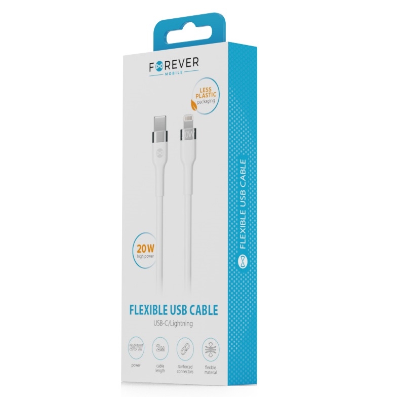 20w-flexible-cable-forever-2m-1_202362203215_large Câble de Charge Rapide Flexible - USB-C vers Lightning - 2m 20W - Blanc - Forever – Image 1