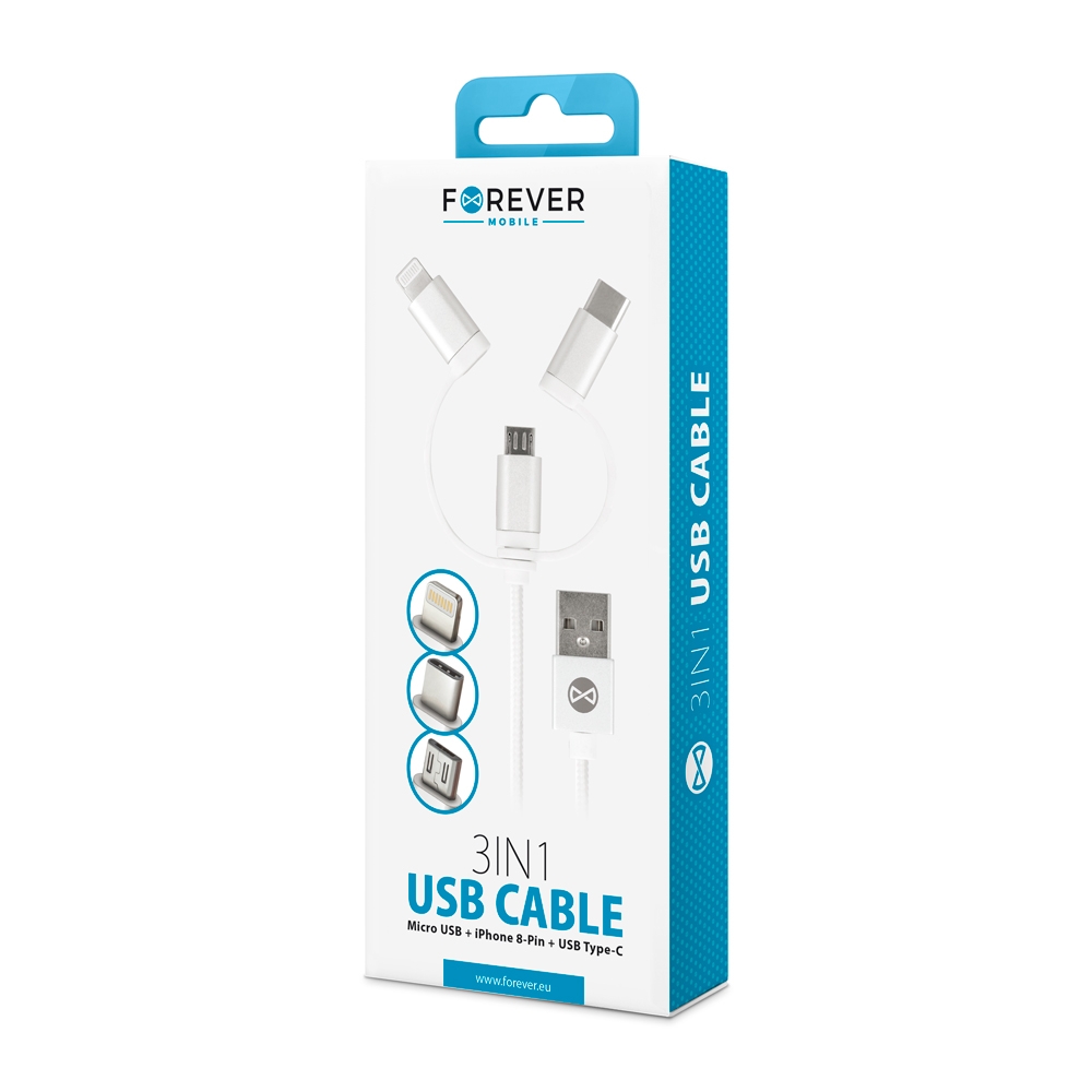 3en1-cable-de-charge-blanc-forever-1_2018112521119_large Câble de Charge et Synchro - iPhone/Android - 3 en 1 - Gris - Forever – Image 1