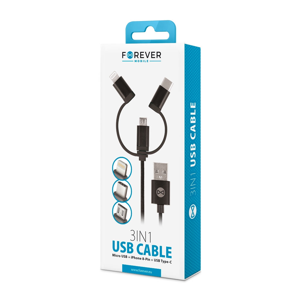 3en1-cable-de-charge-noir-forever-2_2018112521180_large Câble de Charge et Synchro - iPhone/Android - 3 en 1 - Noir - Forever – Image 1