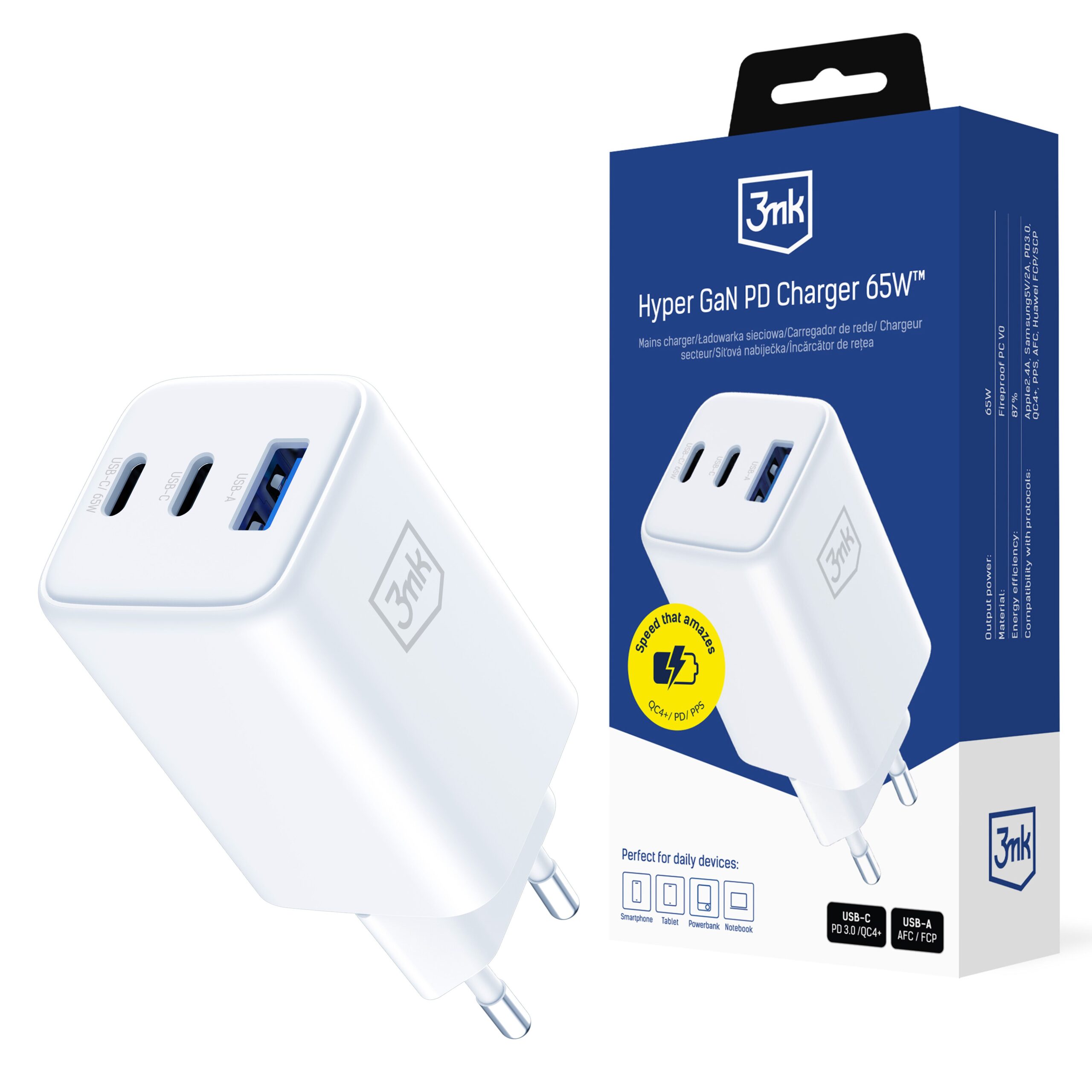 65w-chargeur-gan-3mk Chargeur Secteur 1xUSB 2xUSB-C 65W - Hyper GaN PD Charger - 3mk – Image 1