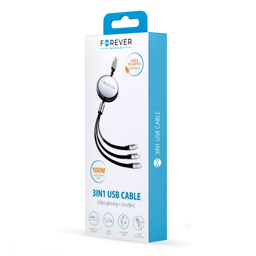 cable-retractable-3-en-1-forever-1_20241213144353_large Câble de Charge Rétractable 3 en 1 USB/Light+2xUSB-C - 1.2m 100w - Forever – Image 1