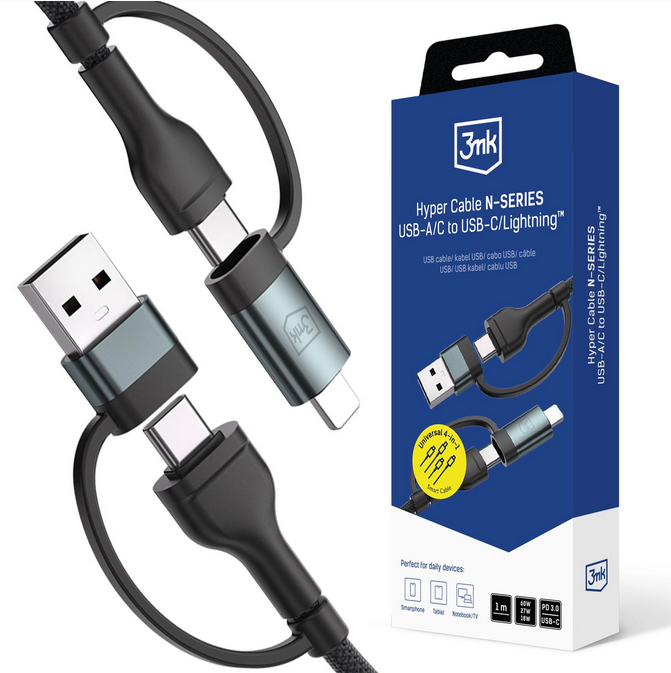 Screenshot(1390) Câble 4 en 1 USB-A/USB-C vers USB-C/Lightning  1.2m - Hyper Cable N-SERIES - Noir - 3mk – Image 1